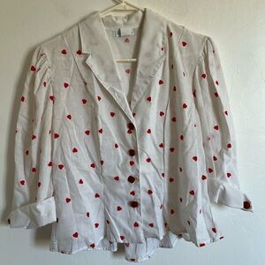 Vintage White and Red Heart Blouse Button Up Top L